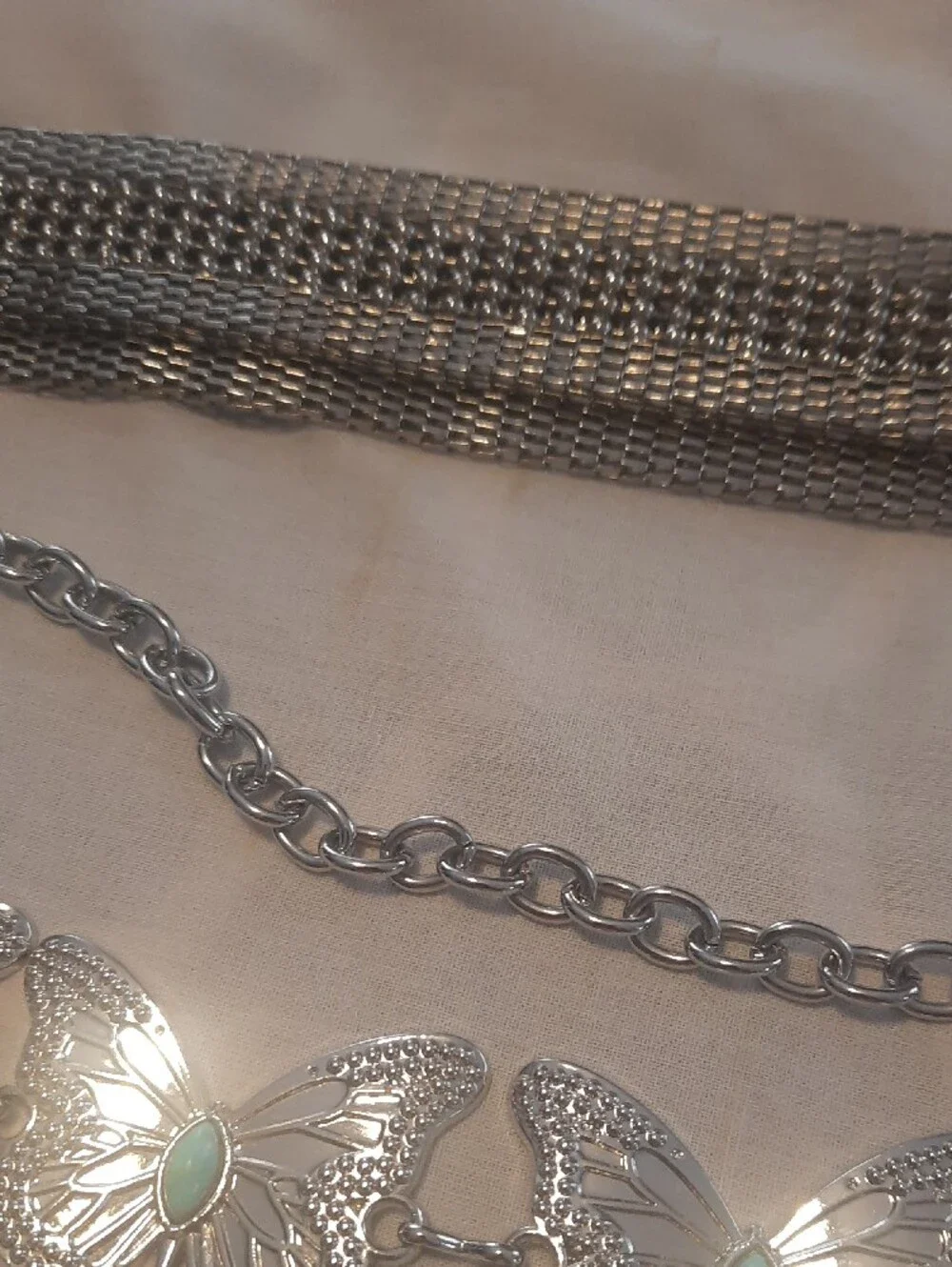 Silver Butterfly-Link Belt And Silvertone Mesh Belt